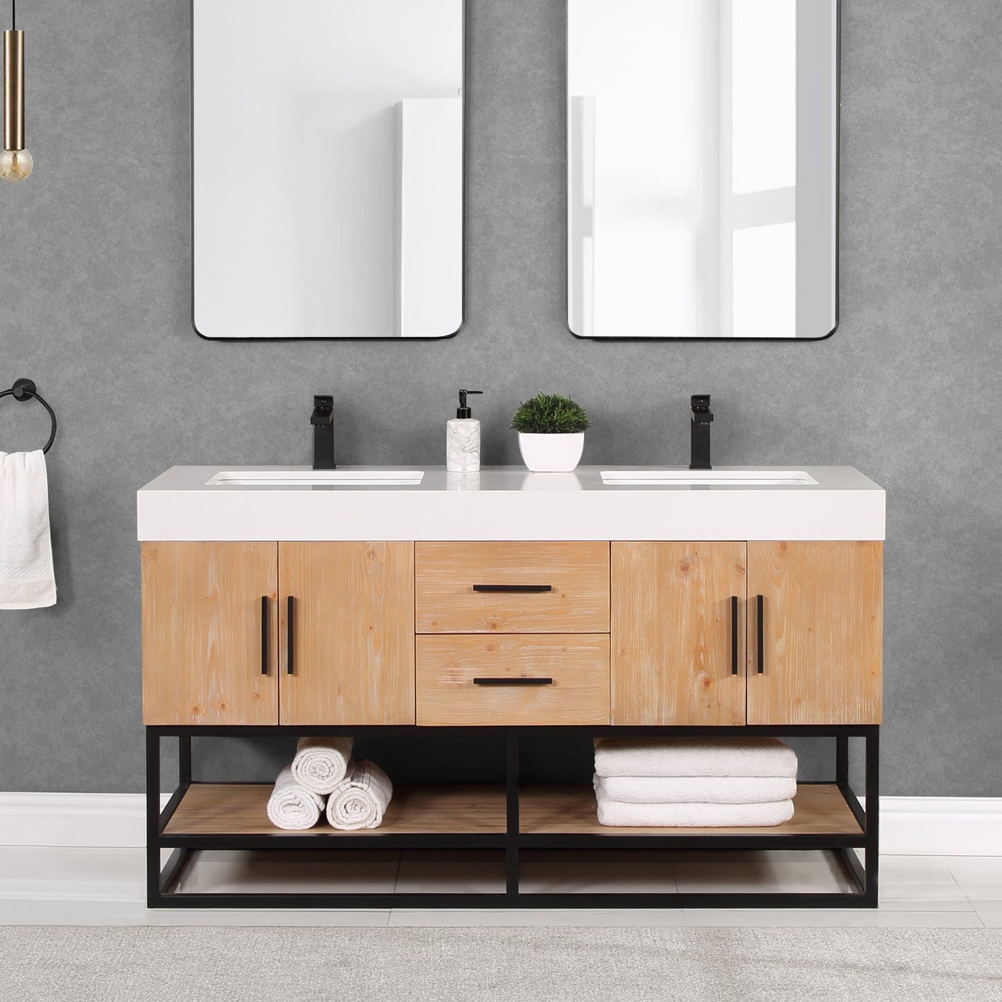 Bianco 60" Double Bathroom Vanity in Light Brown with Matte Black Support Base and White Composite Stone Countertop without Mirror