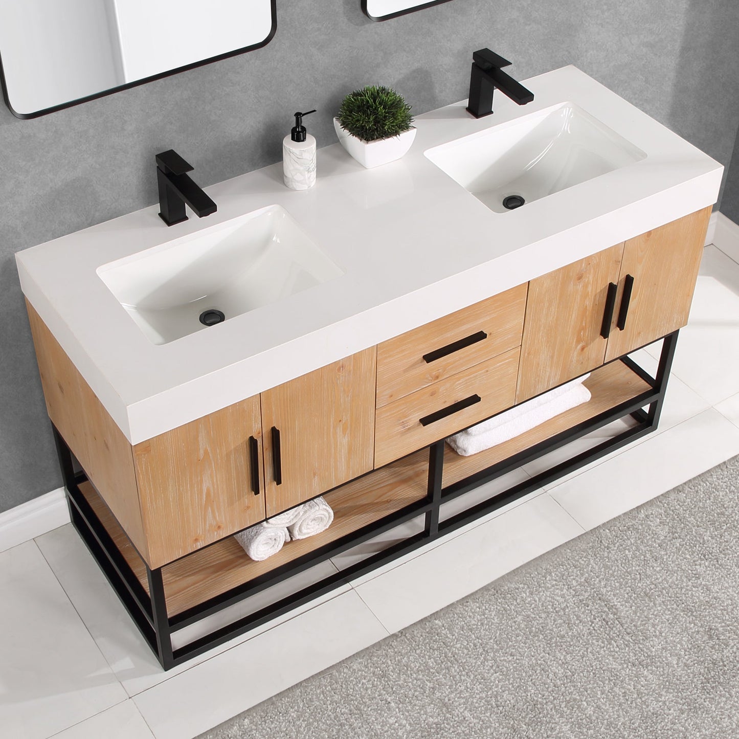 Bianco 60" Double Bathroom Vanity in Light Brown with Matte Black Support Base and White Composite Stone Countertop without Mirror