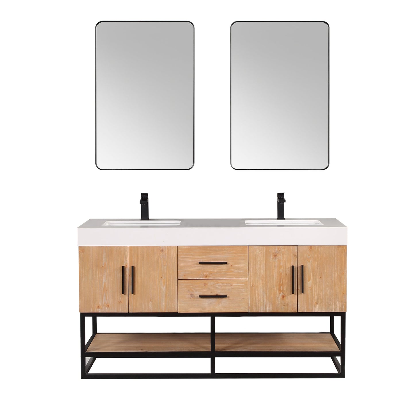 Bianco 60" Double Bathroom Vanity in Light Brown with Matte Black Support Base and White Composite Stone Countertop with Mirror