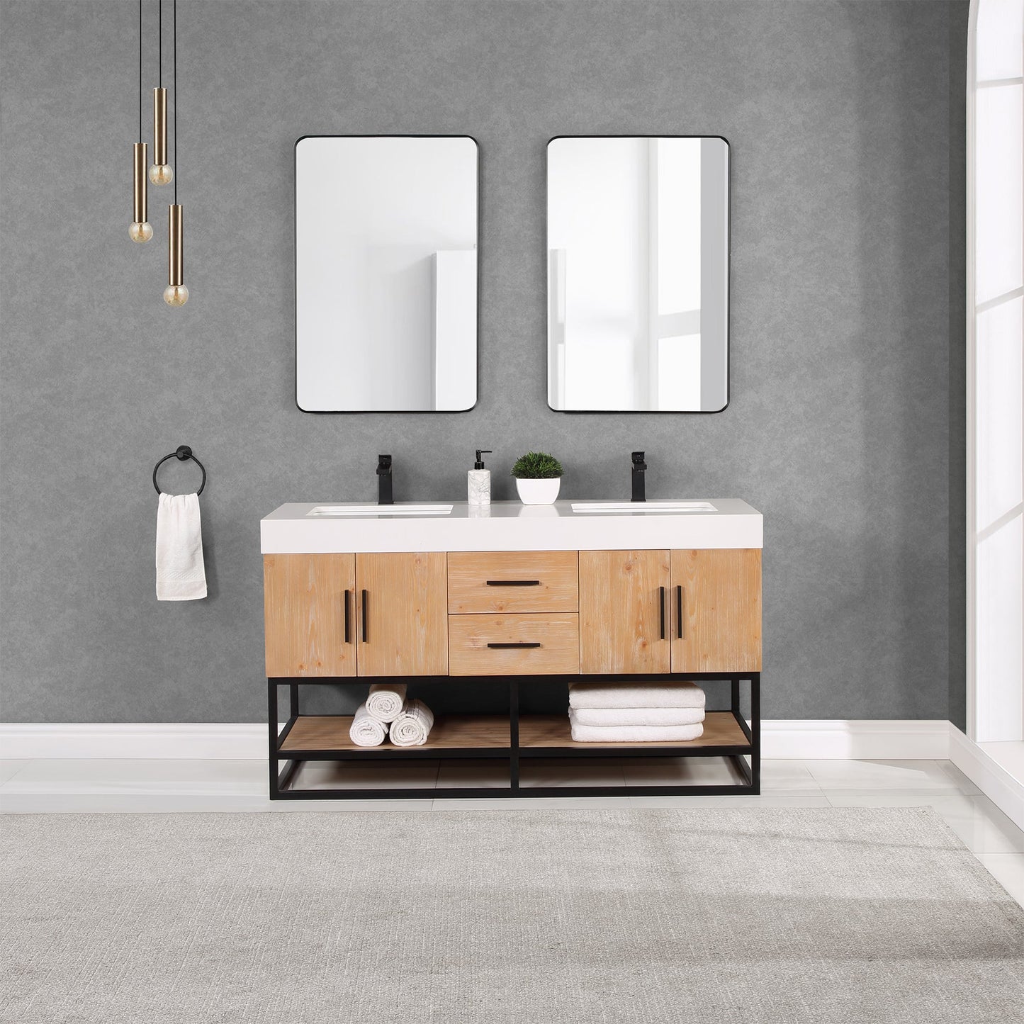 Bianco 60" Double Bathroom Vanity in Light Brown with Matte Black Support Base and White Composite Stone Countertop with Mirror