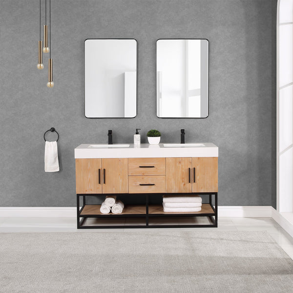 Bianco 60 Double Bathroom Vanity in Light Brown with Matte Black Support Base and White Composite Stone Countertop with Mirror