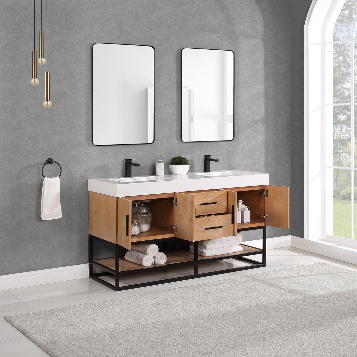 Bianco 60" Double Bathroom Vanity in Light Brown with Matte Black Support Base and White Composite Stone Countertop with Mirror