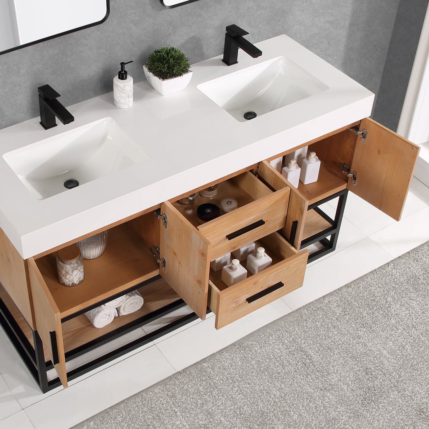 Bianco 60" Double Bathroom Vanity in Light Brown with Matte Black Support Base and White Composite Stone Countertop with Mirror