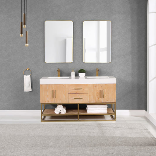 Bianco 60" Double Bathroom Vanity in Light Brown with Brushed Gold Support Base and White Composite Stone Countertop without Mirror