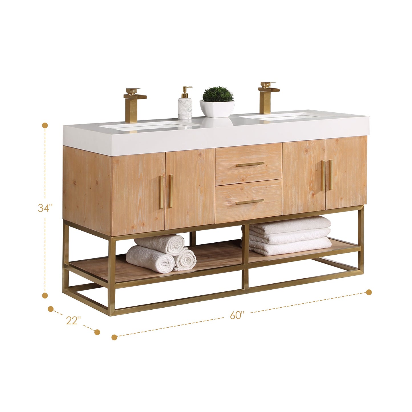 Bianco 60" Double Bathroom Vanity in Light Brown with Brushed Gold Support Base and White Composite Stone Countertop without Mirror