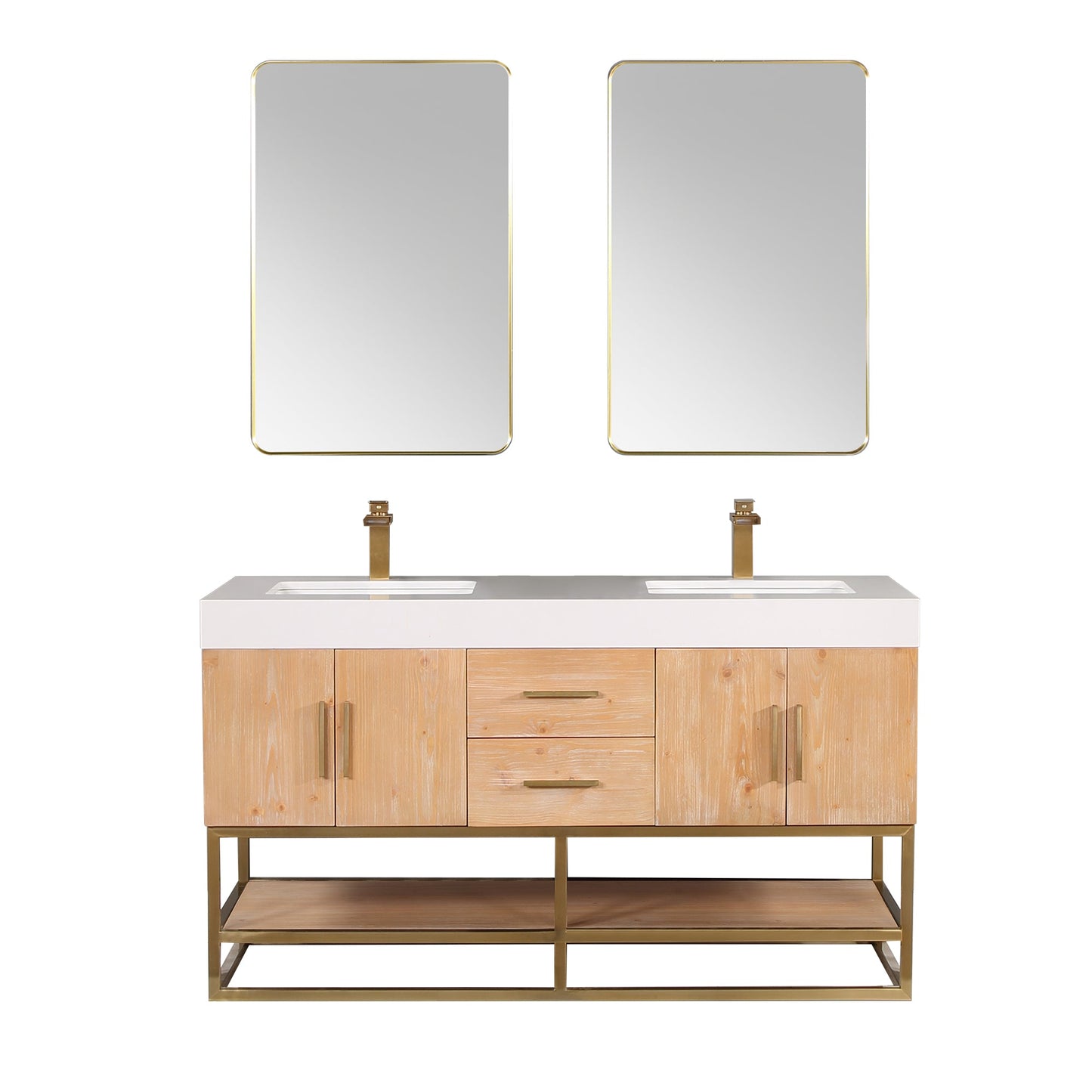 Bianco 60" Double Bathroom Vanity in Light Brown with Brushed Gold Support Base and White Composite Stone Countertop with Mirror