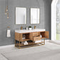 Bianco 60" Double Bathroom Vanity in Light Brown with Brushed Gold Support Base and White Composite Stone Countertop with Mirror