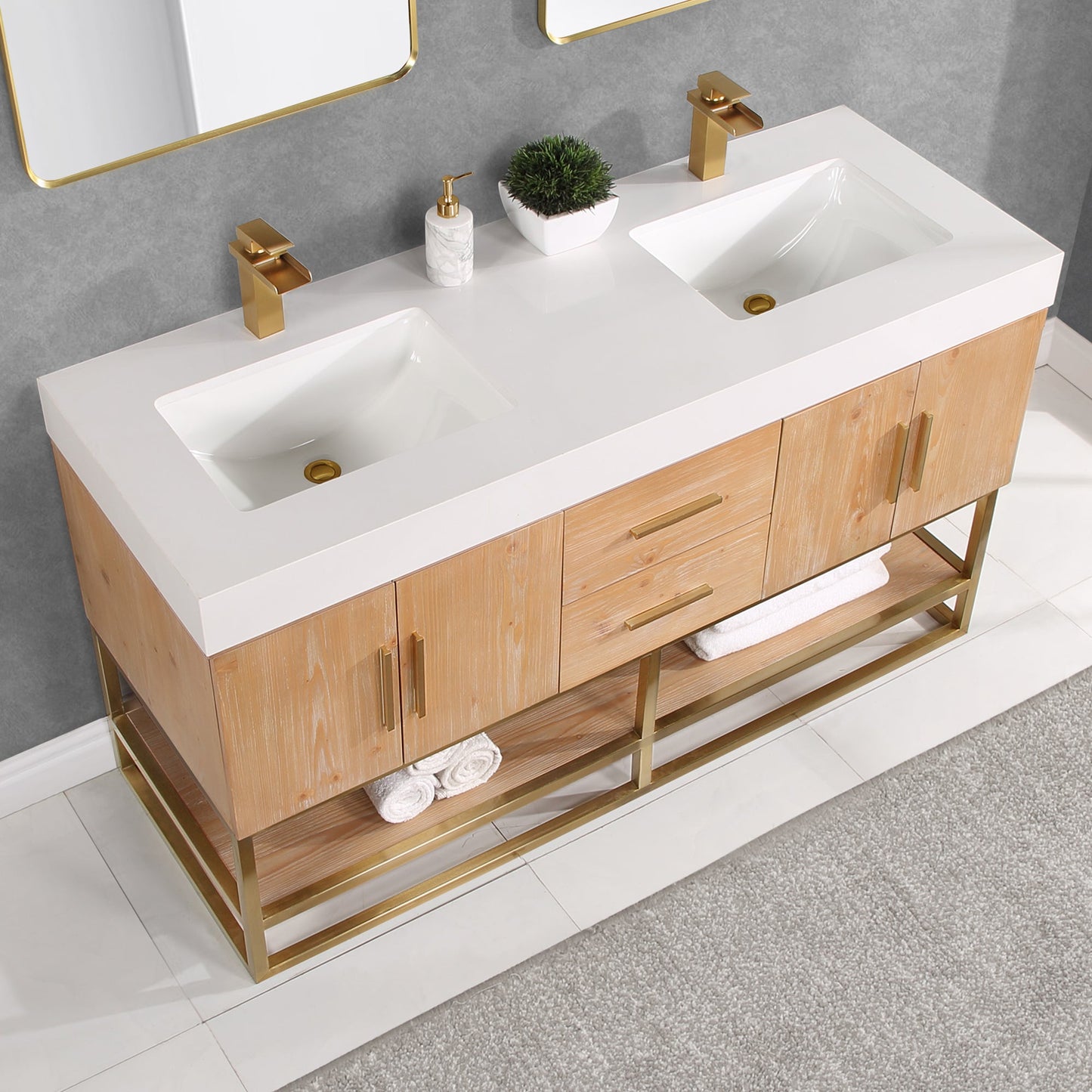 Bianco 60" Double Bathroom Vanity in Light Brown with Brushed Gold Support Base and White Composite Stone Countertop with Mirror