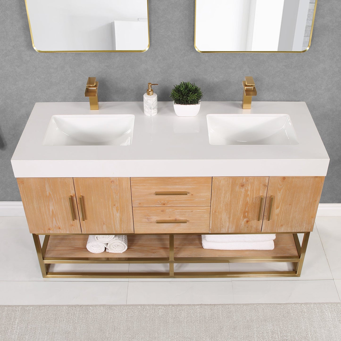 Bianco 60" Double Bathroom Vanity in Light Brown with Brushed Gold Support Base and White Composite Stone Countertop with Mirror