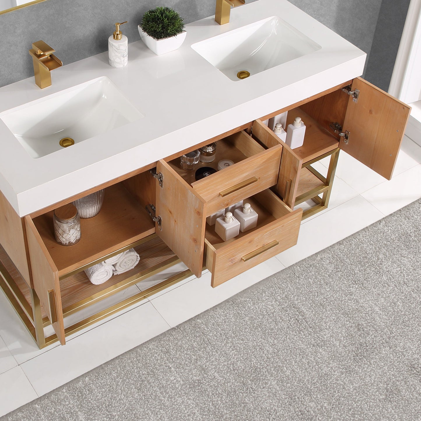 Bianco 60" Double Bathroom Vanity in Light Brown with Brushed Gold Support Base and White Composite Stone Countertop with Mirror