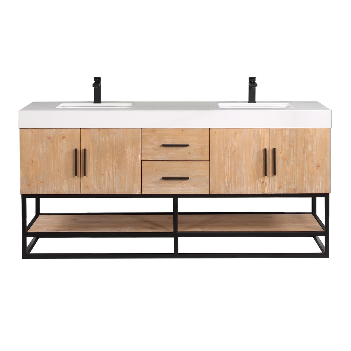 Bianco 72" Double Bathroom Vanity in Light Brown with Matte Black Support Base and White Composite Stone Countertop without Mirror