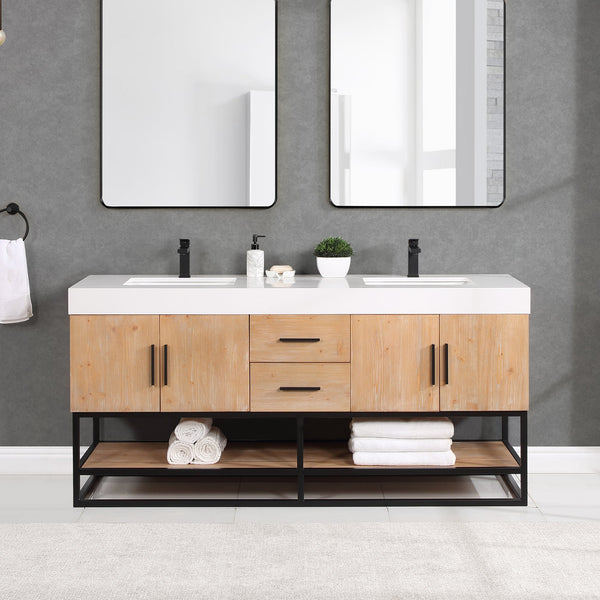 Bianco 72 Double Bathroom Vanity in Light Brown with Matte Black Support Base and White Composite Stone Countertop without Mirror