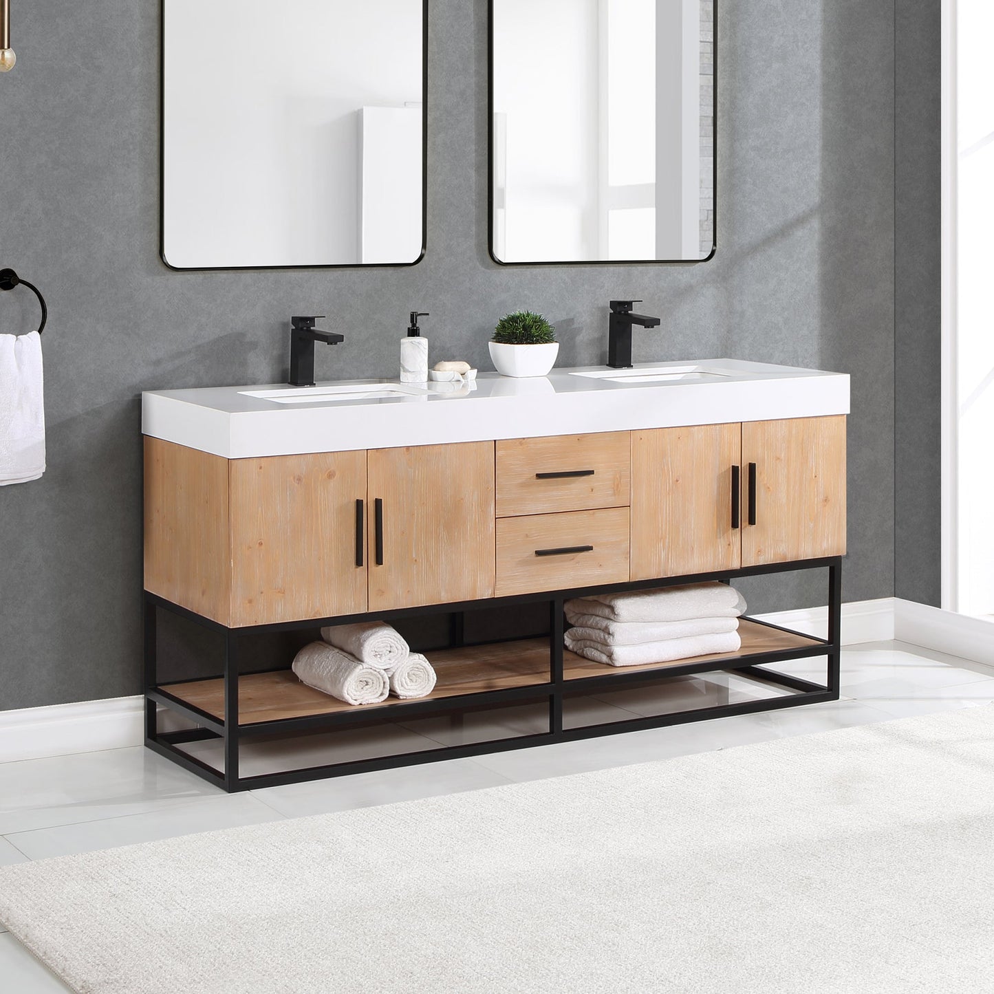 Bianco 72" Double Bathroom Vanity in Light Brown with Matte Black Support Base and White Composite Stone Countertop without Mirror