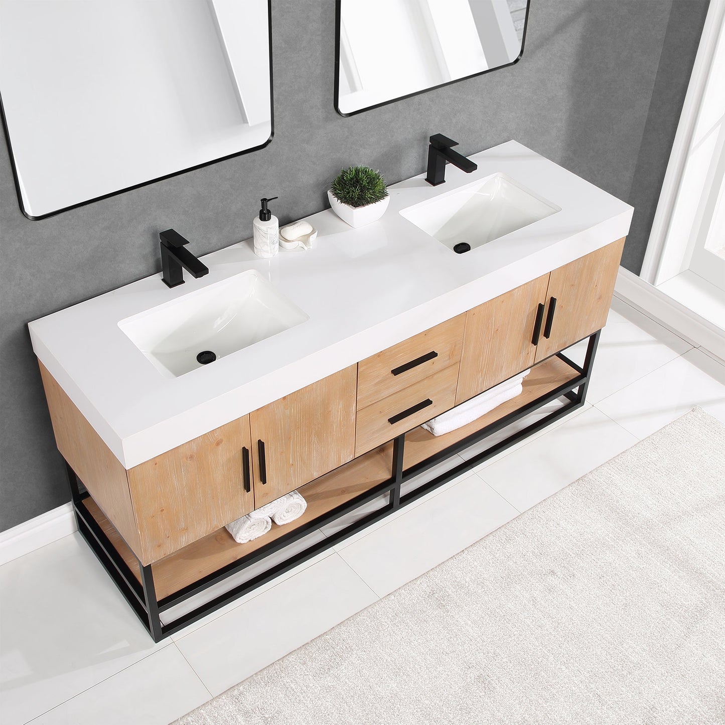 Bianco 72" Double Bathroom Vanity in Light Brown with Matte Black Support Base and White Composite Stone Countertop without Mirror