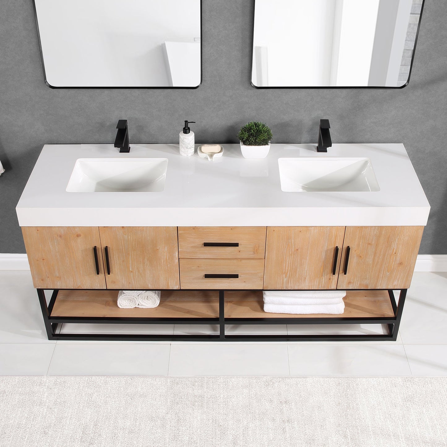 Bianco 72" Double Bathroom Vanity in Light Brown with Matte Black Support Base and White Composite Stone Countertop without Mirror