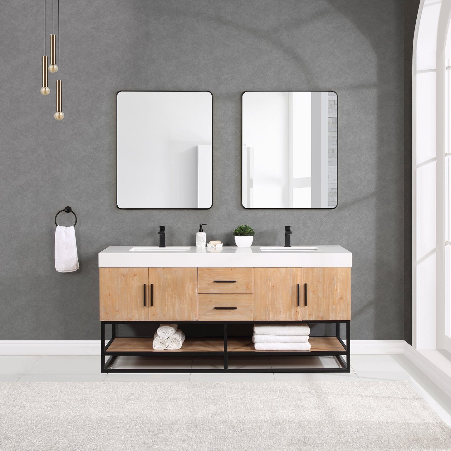 Bianco 72" Double Bathroom Vanity in Light Brown with Matte Black Support Base and White Composite Stone Countertop with Mirror