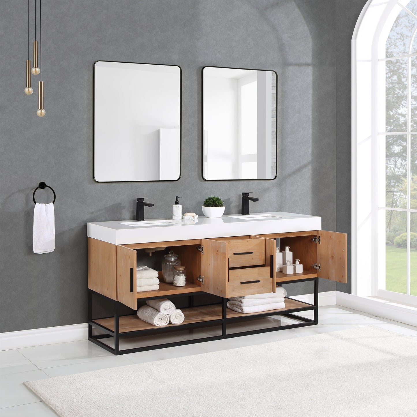 Bianco 72" Double Bathroom Vanity in Light Brown with Matte Black Support Base and White Composite Stone Countertop with Mirror