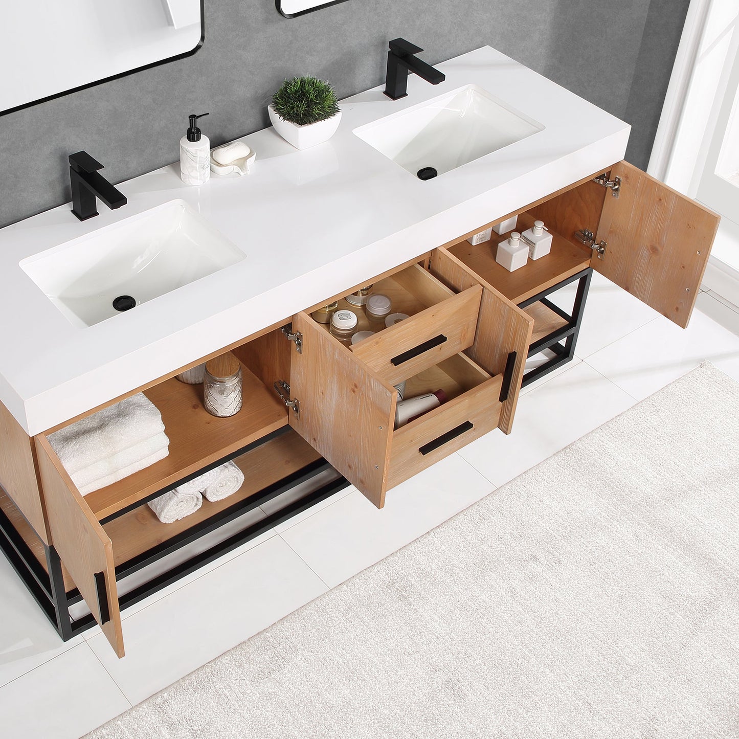 Bianco 72" Double Bathroom Vanity in Light Brown with Matte Black Support Base and White Composite Stone Countertop with Mirror