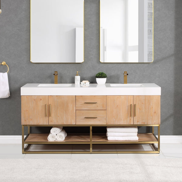 Bianco 72 Double Bathroom Vanity in Light Brown with Brushed Gold Support Base and White Composite Stone Countertop without Mirror