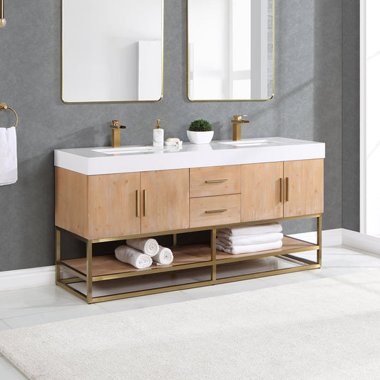 Bianco 72" Double Bathroom Vanity in Light Brown with Brushed Gold Support Base and White Composite Stone Countertop without Mirror