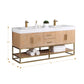 Bianco 72" Double Bathroom Vanity in Light Brown with Brushed Gold Support Base and White Composite Stone Countertop with Mirror