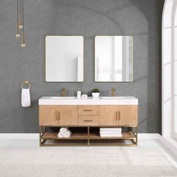 Bianco 72 Double Bathroom Vanity in Light Brown with Brushed Gold Support Base and White Composite Stone Countertop with Mirror