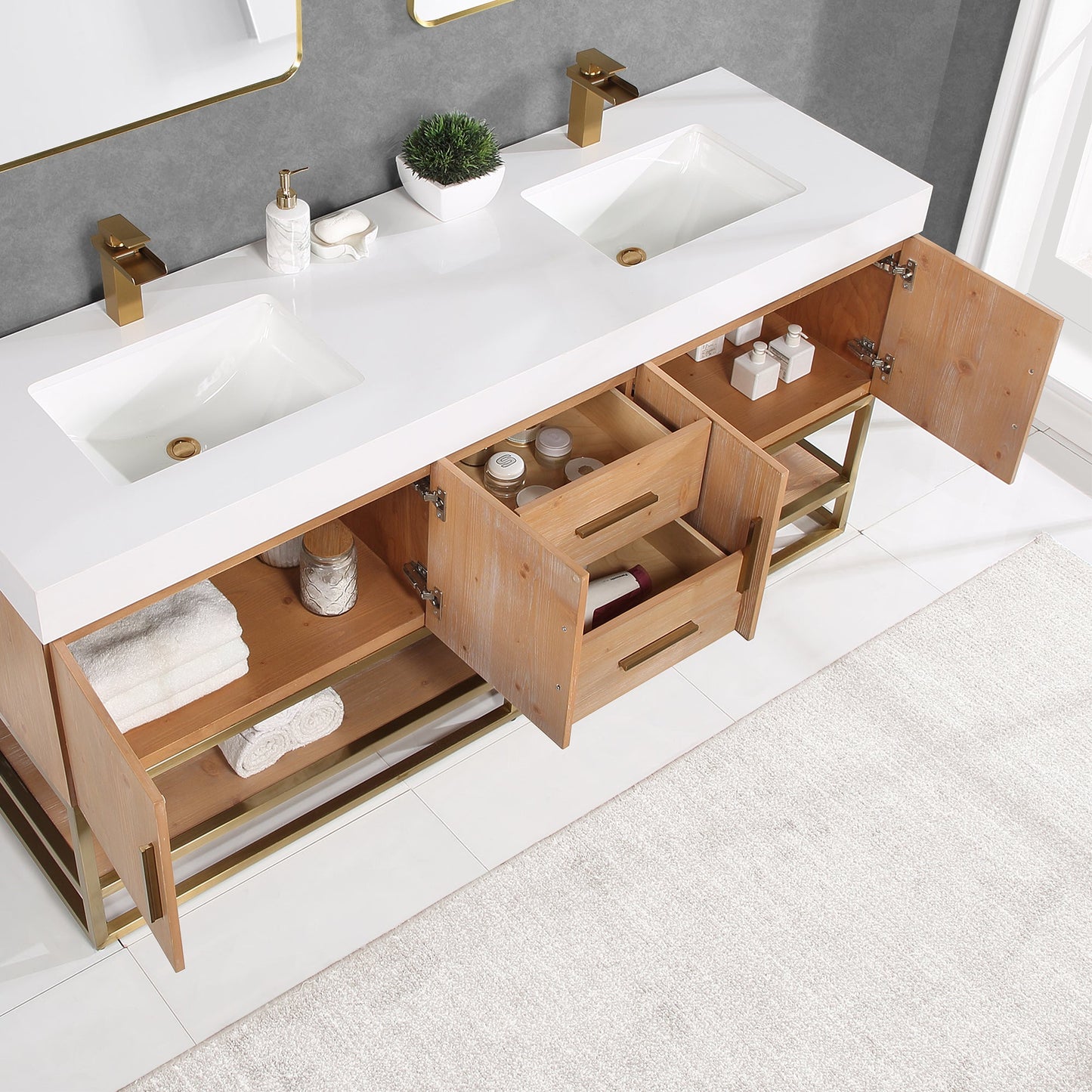 Bianco 72" Double Bathroom Vanity in Light Brown with Brushed Gold Support Base and White Composite Stone Countertop with Mirror