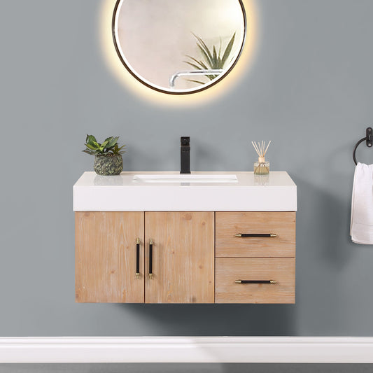Corchia 36" Wall-mounted Single Bathroom Vanity in Light Brown with White Composite Stone Countertop without Mirror