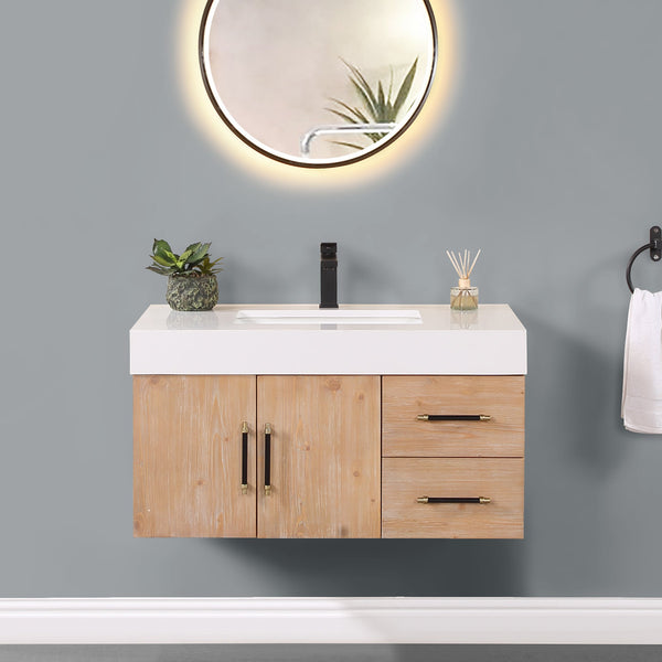 Corchia 36 Wall-mounted Single Bathroom Vanity in Light Brown with White Composite Stone Countertop without Mirror