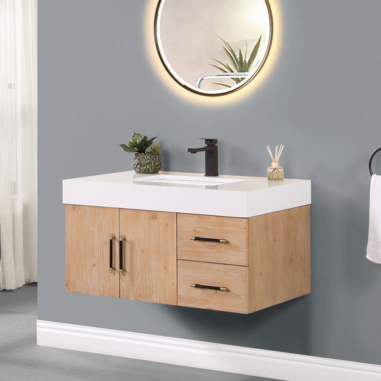 Corchia 36" Wall-mounted Single Bathroom Vanity in Light Brown with White Composite Stone Countertop without Mirror