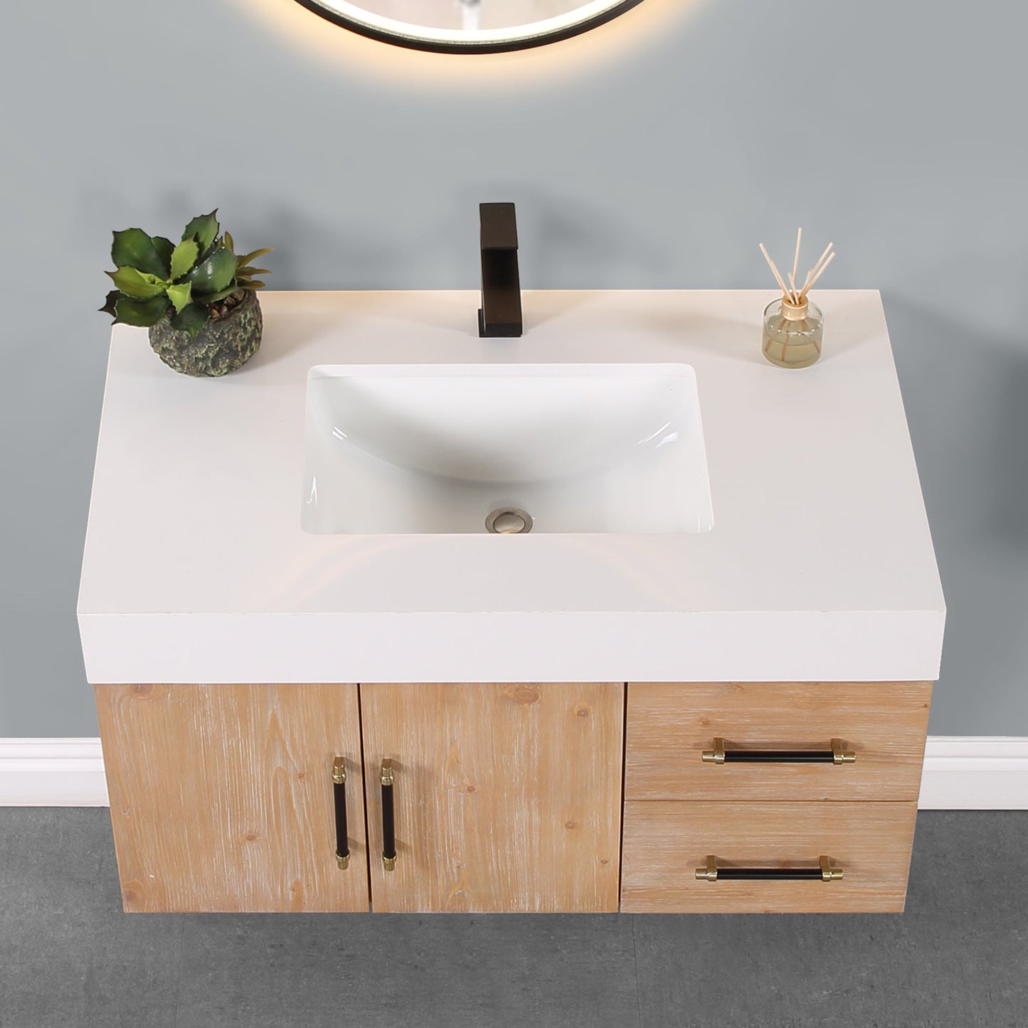 Corchia 36" Wall-mounted Single Bathroom Vanity in Light Brown with White Composite Stone Countertop without Mirror