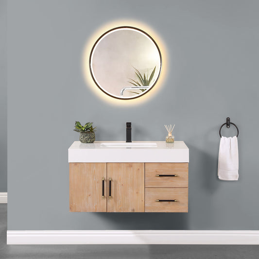 Corchia 36" Wall-mounted Single Bathroom Vanity in Light Brown with White Composite Stone Countertop with Mirror