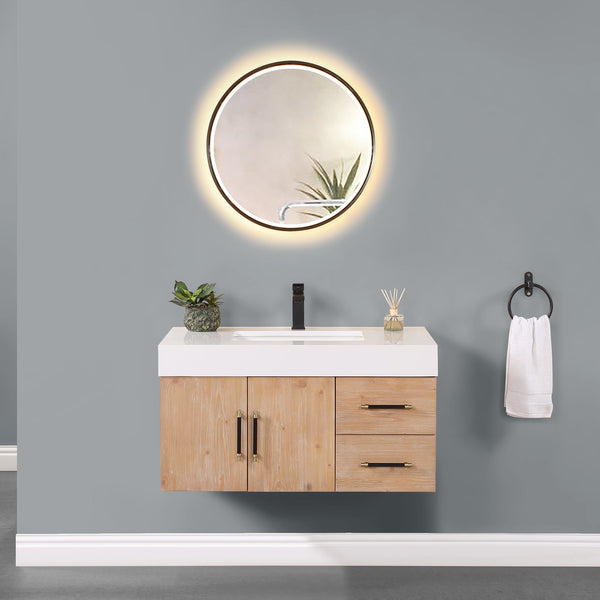 Corchia 36 Wall-mounted Single Bathroom Vanity in Light Brown with White Composite Stone Countertop with Mirror