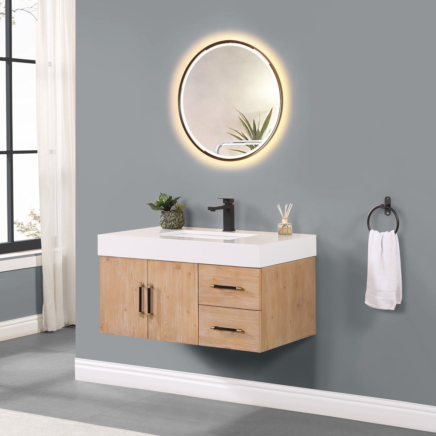 Corchia 36" Wall-mounted Single Bathroom Vanity in Light Brown with White Composite Stone Countertop with Mirror