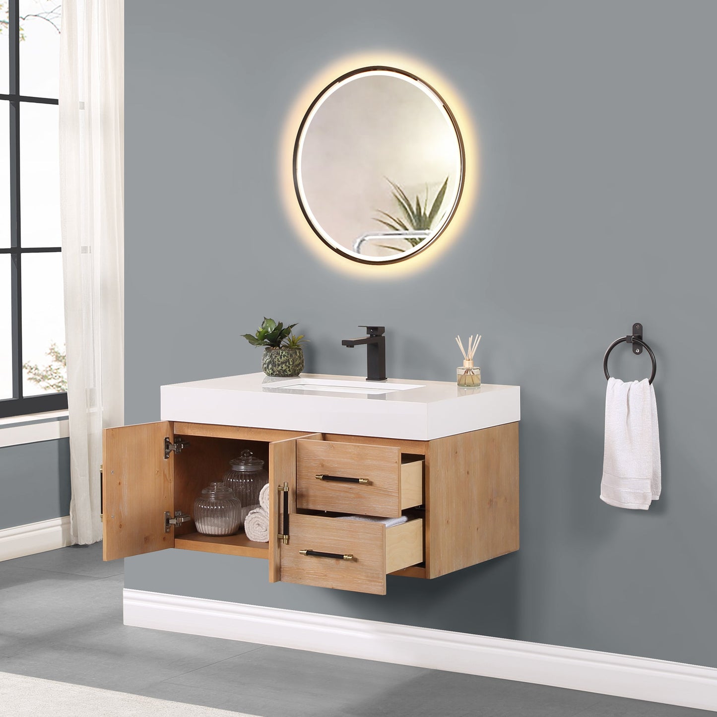 Corchia 36" Wall-mounted Single Bathroom Vanity in Light Brown with White Composite Stone Countertop with Mirror