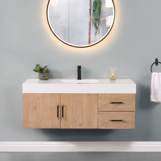 Corchia 48" Wall-mounted Single Bathroom Vanity in Light Brown with White Composite Stone Countertop without Mirror