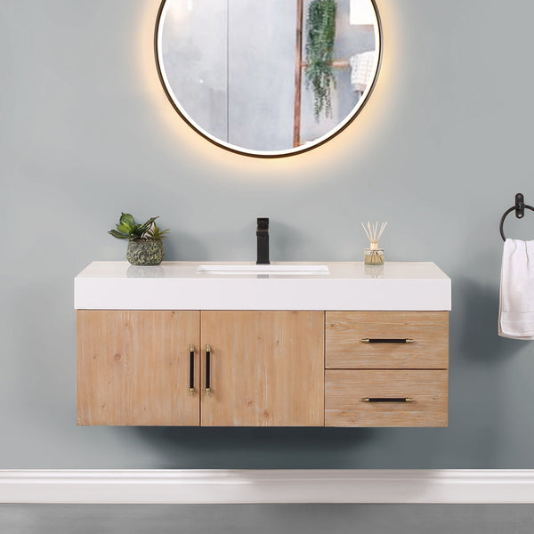 Corchia 48 Wall-mounted Single Bathroom Vanity in Light Brown with White Composite Stone Countertop without Mirror