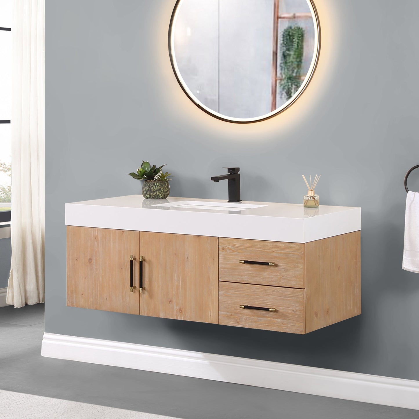 Corchia 48" Wall-mounted Single Bathroom Vanity in Light Brown with White Composite Stone Countertop without Mirror
