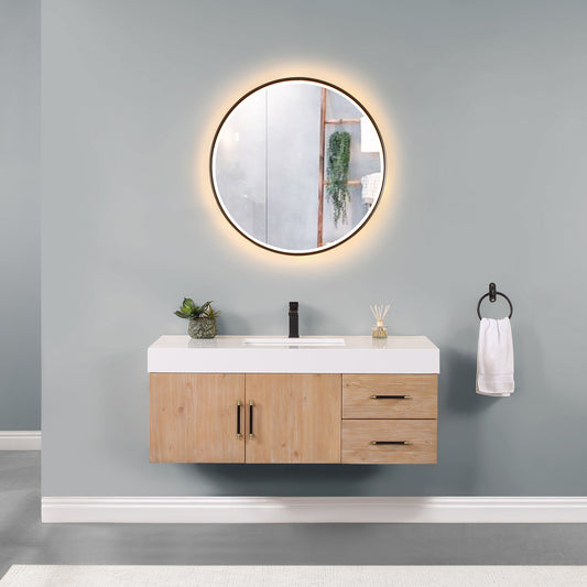 Corchia 48" Wall-mounted Single Bathroom Vanity in Light Brown with White Composite Stone Countertop with Mirror