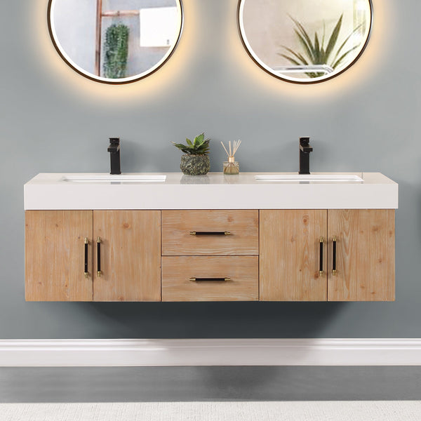 Corchia 60 Wall-mounted Double Bathroom Vanity in Light Brown with White Composite Stone Countertop without Mirror
