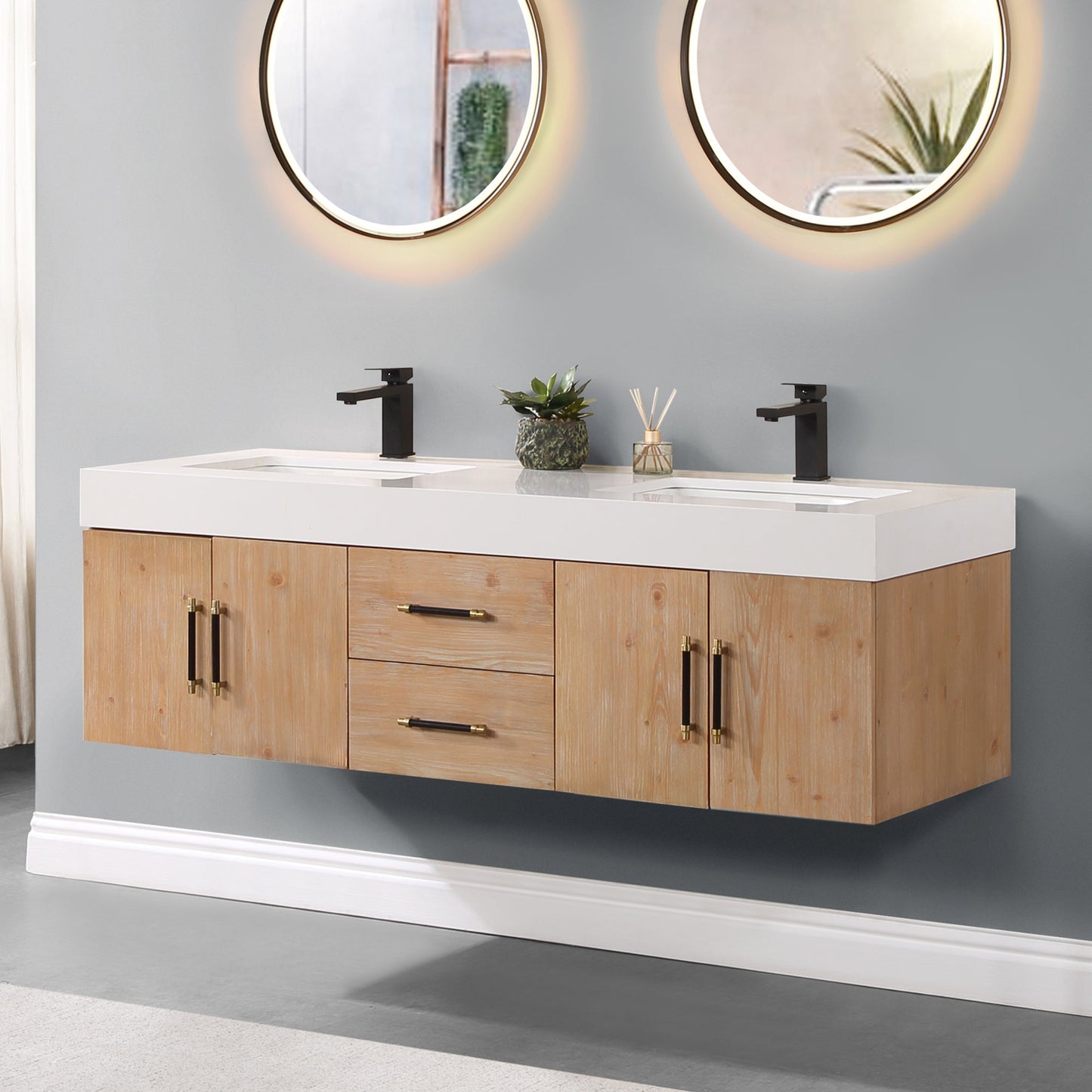Corchia 60" Wall-mounted Double Bathroom Vanity in Light Brown with White Composite Stone Countertop without Mirror