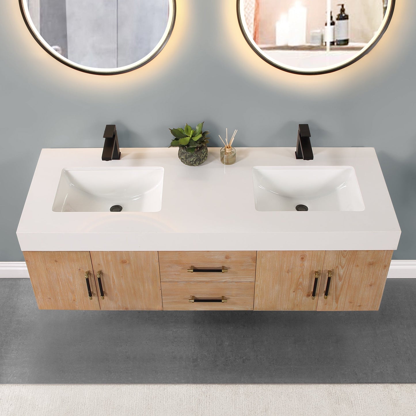 Corchia 60" Wall-mounted Double Bathroom Vanity in Light Brown with White Composite Stone Countertop without Mirror