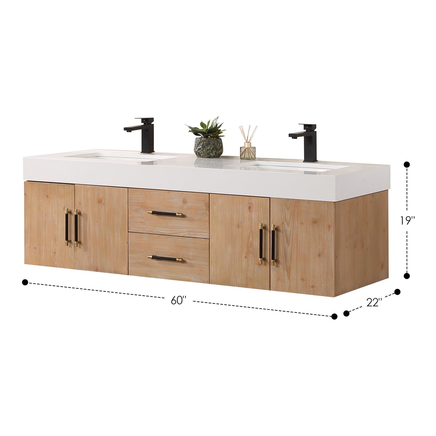 Corchia 60" Wall-mounted Double Bathroom Vanity in Light Brown with White Composite Stone Countertop with Mirror