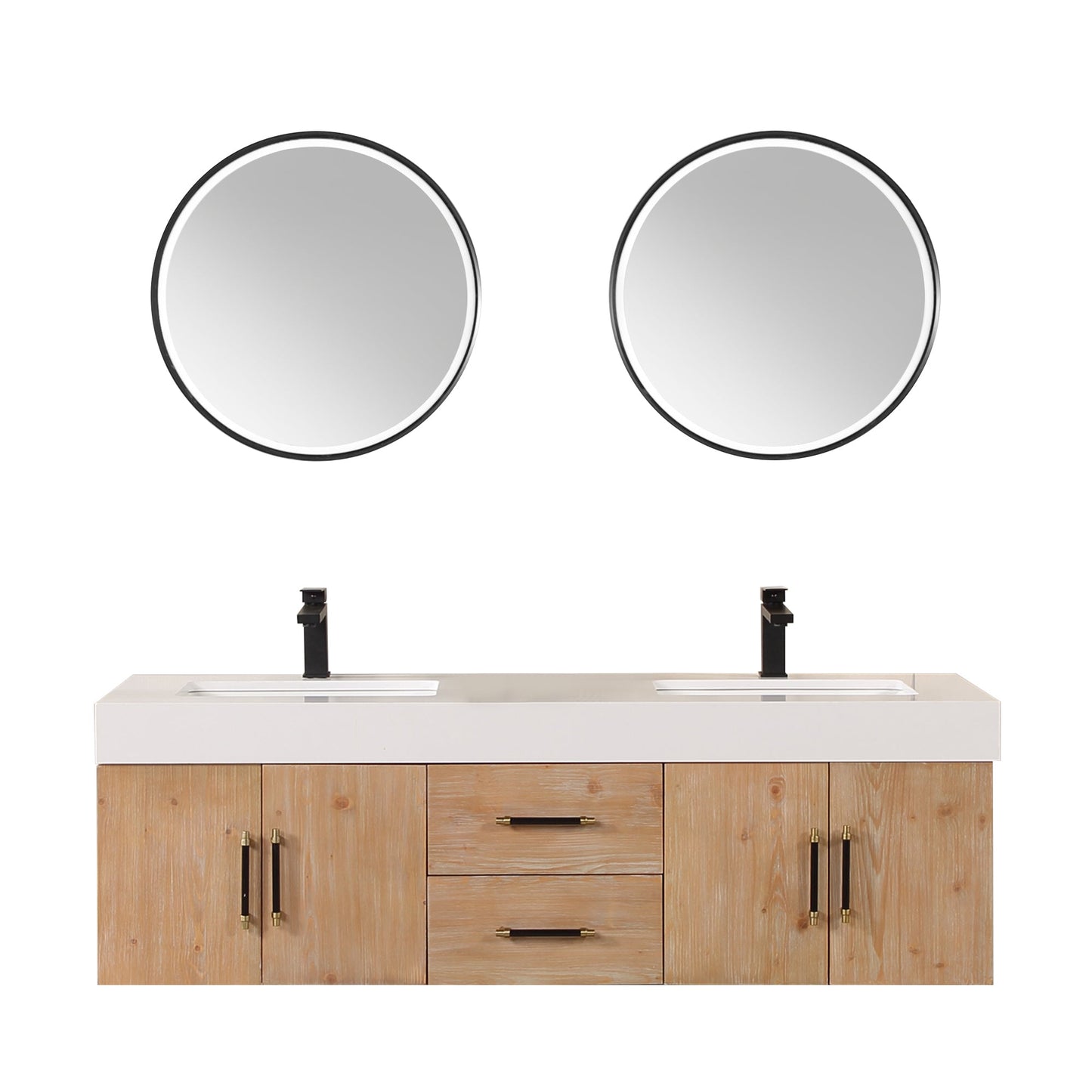 Corchia 60" Wall-mounted Double Bathroom Vanity in Light Brown with White Composite Stone Countertop with Mirror