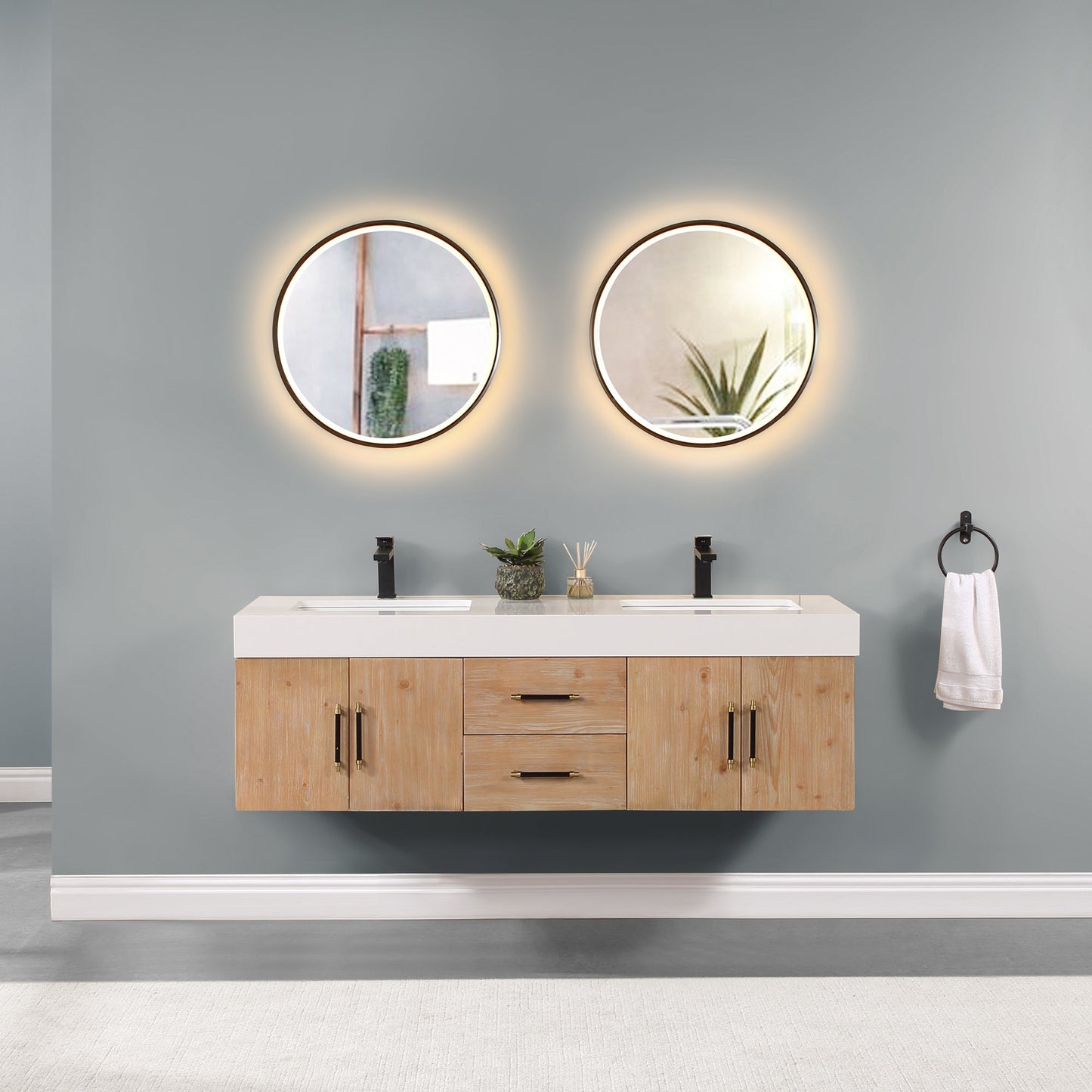 Corchia 60" Wall-mounted Double Bathroom Vanity in Light Brown with White Composite Stone Countertop with Mirror