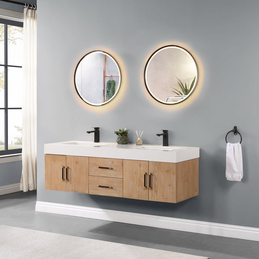 Corchia 60" Wall-mounted Double Bathroom Vanity in Light Brown with White Composite Stone Countertop with Mirror