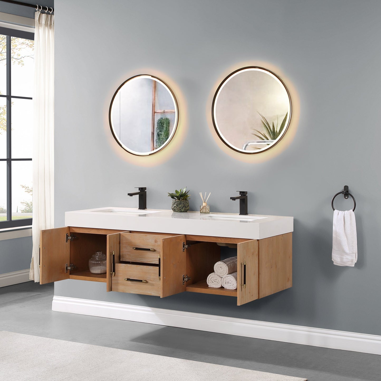 Corchia 60" Wall-mounted Double Bathroom Vanity in Light Brown with White Composite Stone Countertop with Mirror