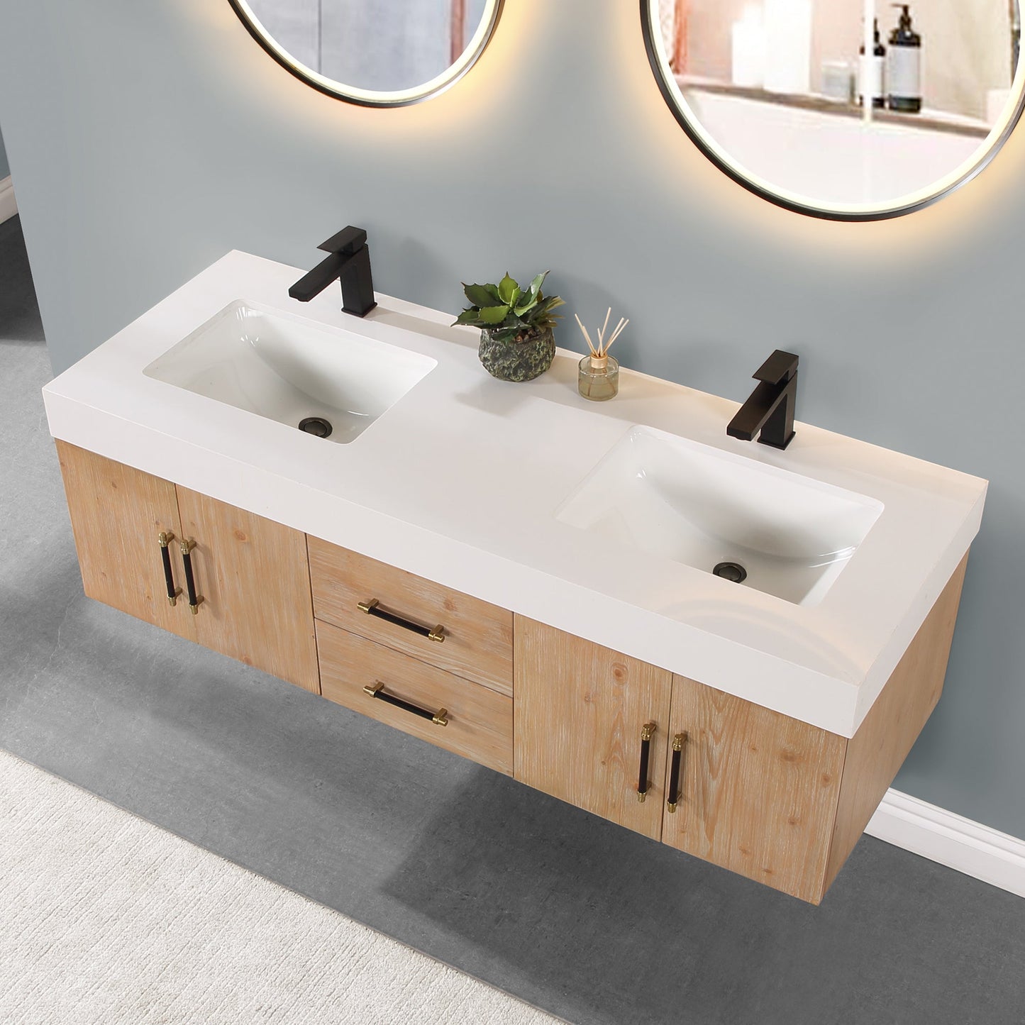 Corchia 60" Wall-mounted Double Bathroom Vanity in Light Brown with White Composite Stone Countertop with Mirror