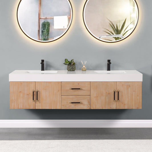 Corchia 72" Wall-mounted Double Bathroom Vanity in Light Brown with White Composite Stone Countertop without Mirror