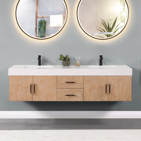 Corchia 72 Wall-mounted Double Bathroom Vanity in Light Brown with White Composite Stone Countertop without Mirror